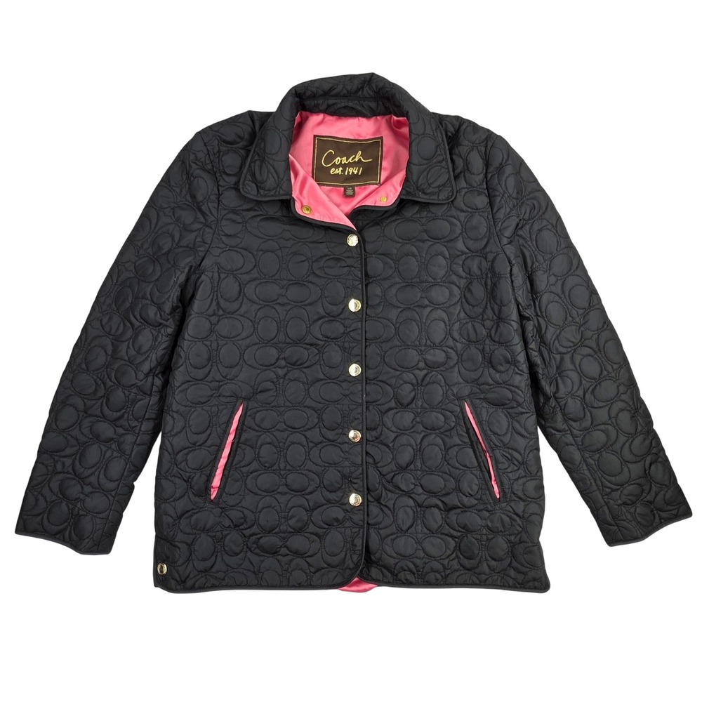 Coach Est 1941 Black Quilted Signature C Logo Jacket Pink Lining Womens Large